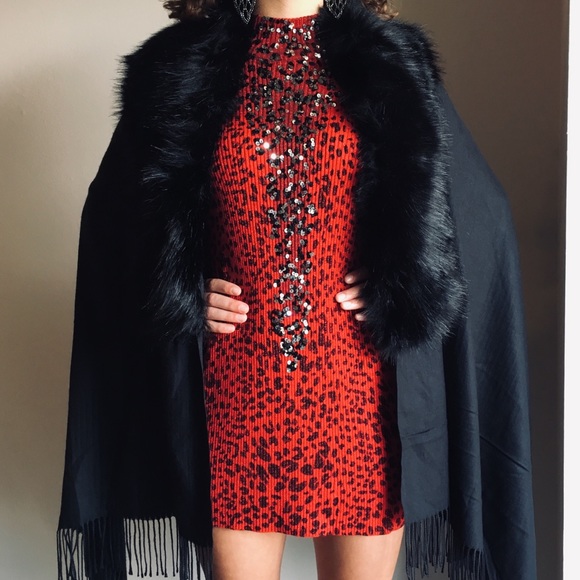 Sweaters - NWT Fur Wrap Knit Shawl Tassels Fringe Black